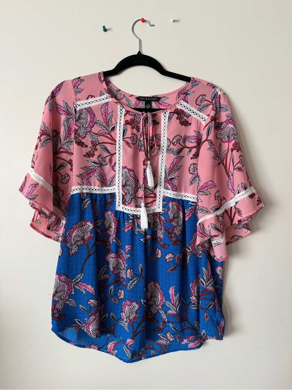 Zac & Rachel Pink and Blue Floral Split-Panel Peasant Blouse